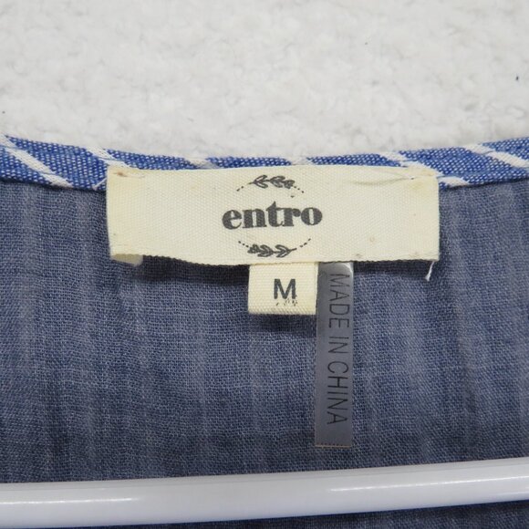 Entro Dress Womens Medium Blue White Striped Sleeveless Embroidered Boho Cotton - Picture 7 of 9